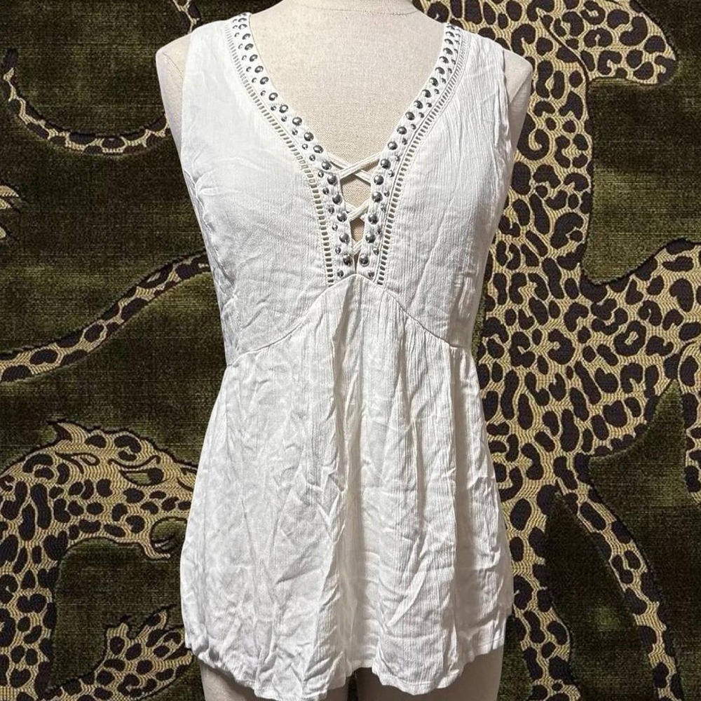Vintage White Studded Lace Up Top